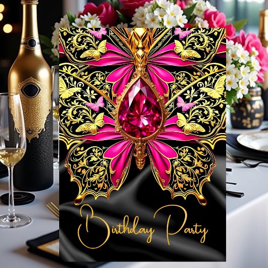 Invitation Elégant Anniversaire Hot rose Black Bijou Or