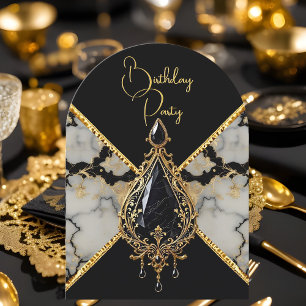 Invitation Élégant Anniversaire Marbre Noir Blanc Or Bijou