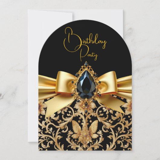 Invitation Elégant Anniversaire Noir Bijou Bow Damask (Devant)