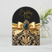 Invitation Elégant Anniversaire Noir Bijou Bow Damask (Debout devant)