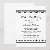 Invitation Élégant Anniversaire Noir Blanc Damassé (Devant / Derrière)