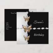 Invitation Elégant Anniversaire Noir Blanc Or Bronze Papillon (Devant / Derrière)
