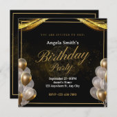 Invitation Elégant anniversaire noir et or (Devant / Derrière)