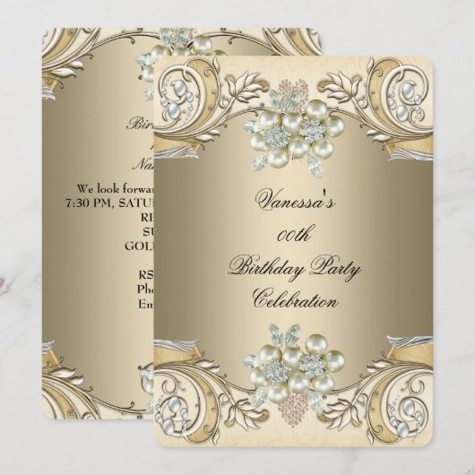 Invitation Elégant Anniversaire Pearl Sepia Coffee Gold (Devant / Derrière)