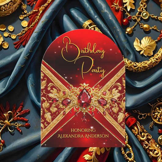 Invitation Elégant Anniversaire Rouge Bijou Or Faux Embossé