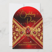 Invitation Elégant Anniversaire Rouge Bijou Or Faux Embossé (Devant)
