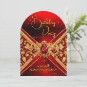 Invitation Elégant Anniversaire Rouge Bijou Or Faux Embossé (Debout devant)