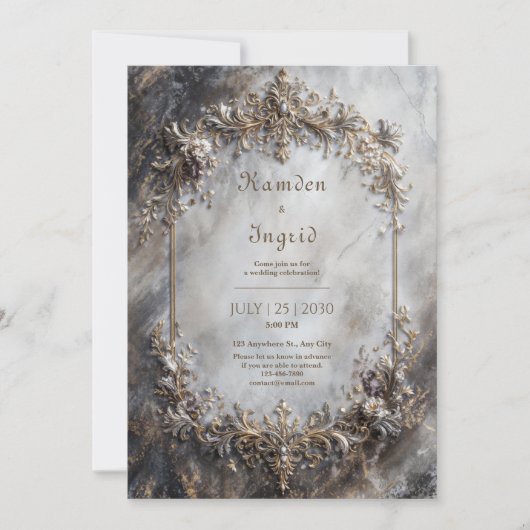 Invitation Elegant Antique Silver Gold Baroque Marble Wedding (Devant)