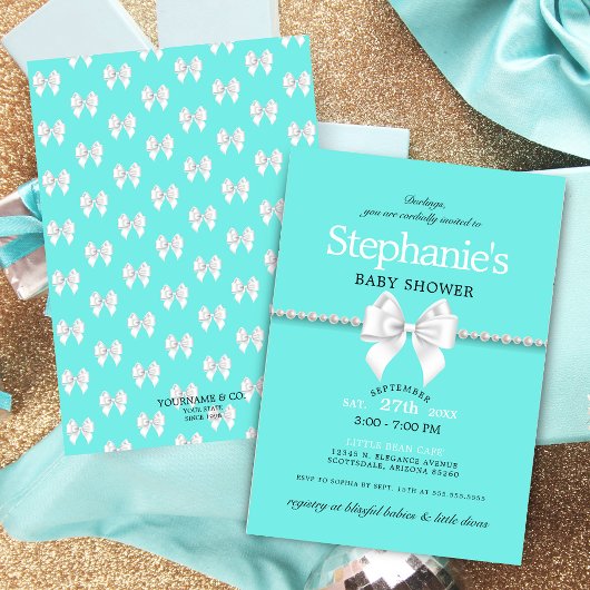 Invitation Elégant Aqua Bleu Blanc Bow Tiffany Baby shower