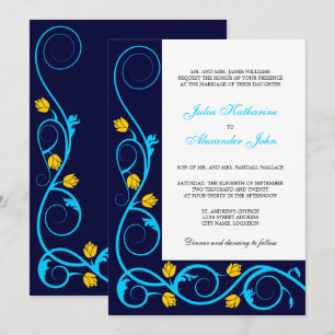Invitation Elégant Aqua Blue et Yellow Swirls