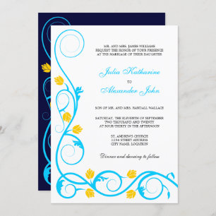 Invitation Elégant Aqua Blue et Yellow Swirls