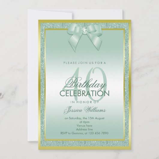 Invitation Elégant Aqua Bow & Sparkly Parties scintillant 40e (Devant)