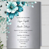 Invitation Elégant Aqua Roses et Mariage de script argent