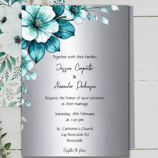 Invitation Elégant Aqua Roses et Mariage de script argent