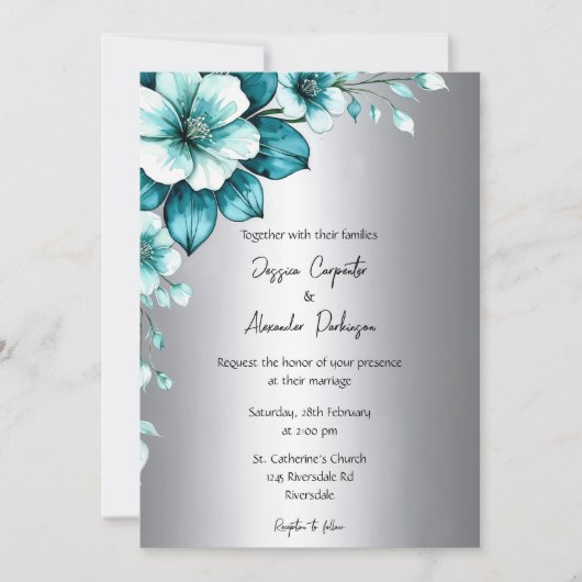 Invitation Elégant Aqua Roses et Mariage de script argent (Devant)