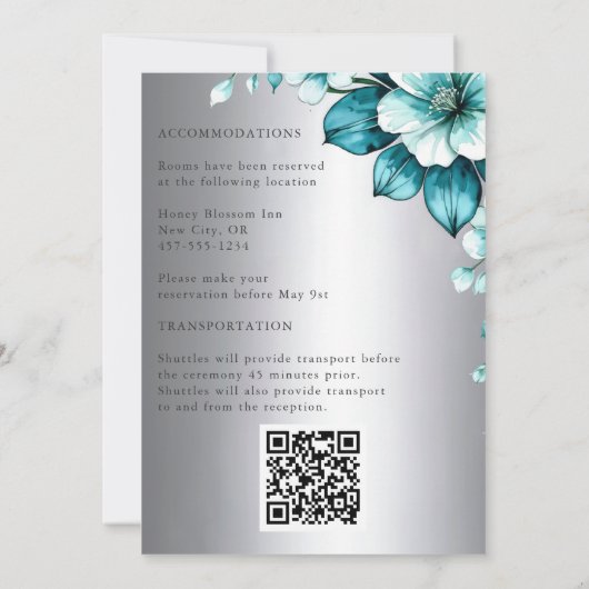 Invitation Elégant Aqua Roses et Mariage de script argent (Dos)