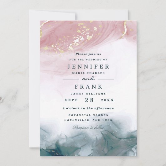 Invitation Elégant Aquarelle Alcool Encre Bleu Mariage (Devant)