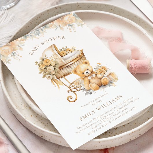 Invitation Elégant Aquarelle Beige & Baby shower Or