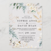 Invitation Elégant Aquarelle Blanc Floral Mariage or (Devant / Derrière)