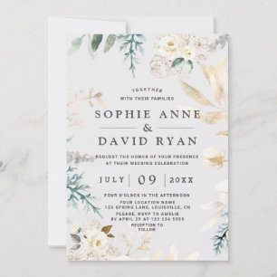 Invitation Elégant Aquarelle Blanc Floral Mariage or