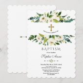 Invitation Elégant Aquarelle Blanc Floral Peonies Baptême (Devant / Derrière)