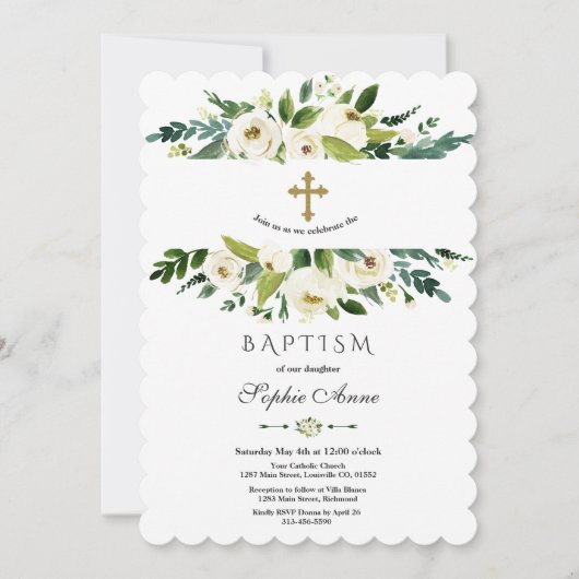 Invitation Elégant Aquarelle Blanc Floral Peonies Baptême (Devant)