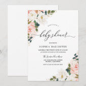 Invitation Elégant Aquarelle Bleu Baby shower feuille floral (Devant / Derrière)