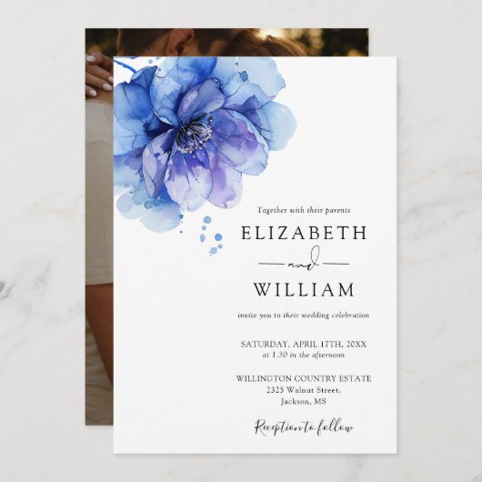 Invitation Elégant aquarelle bleu bleu bleu bleu bleu bleu fl (Devant / Derrière)