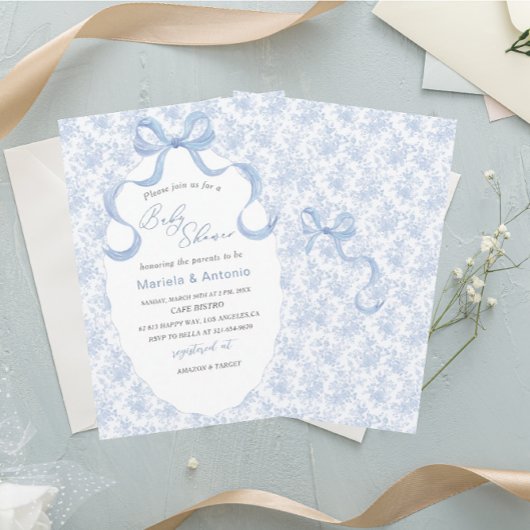 Invitation Elégant Aquarelle bleu Bow Boy Baby shower
