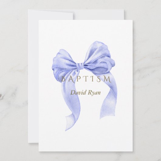 Invitation Elégant Aquarelle Bleu Bow Or Garçon Baptême (Dos)