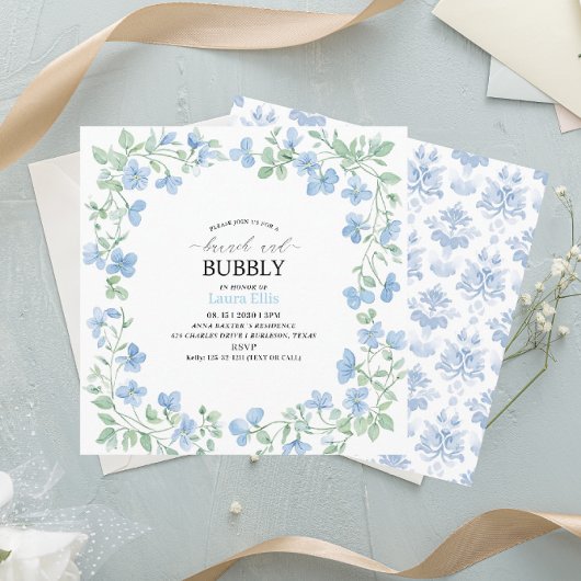 Invitation Elégant aquarelle bleu fleurs brunch et bubbl