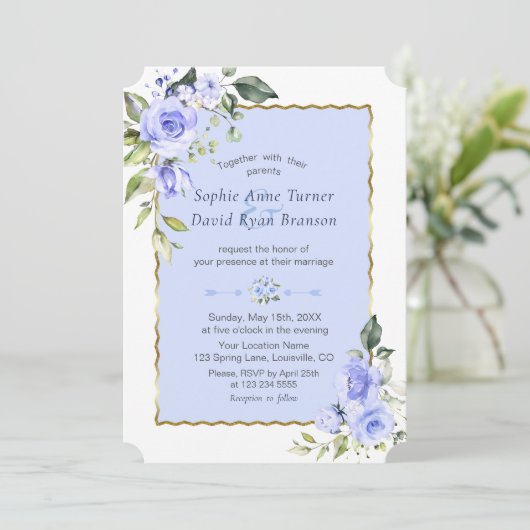 Invitation Elégant Aquarelle bleu Fleurs Mariage bleu marine (Debout devant)