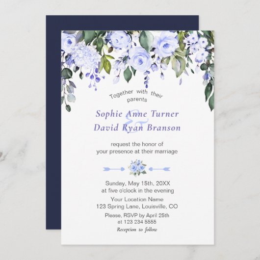 Invitation Elégant Aquarelle Bleu Fleurs Mariage Fleur Fleur (Devant / Derrière)