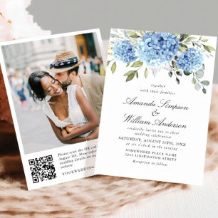 Invitation Elégant aquarelle bleu Hydrangea Mariage code QR