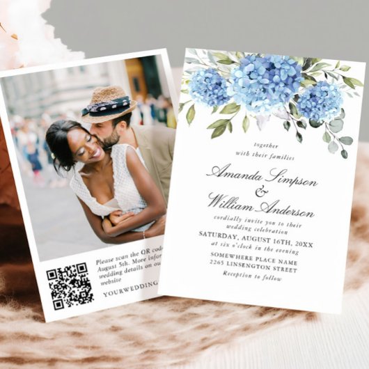 Invitation Elégant aquarelle bleu Hydrangea Mariage code QR
