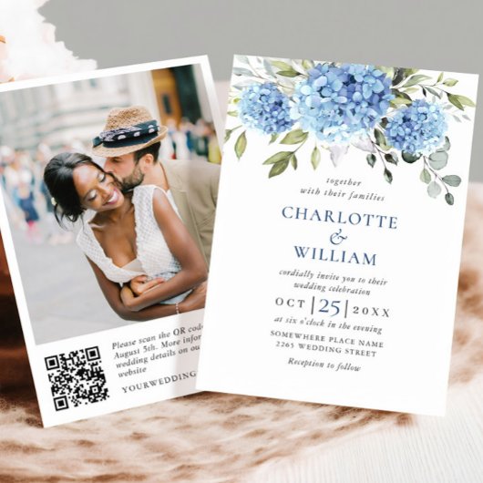 Invitation Elégant aquarelle bleu Hydrangea Mariage code QR