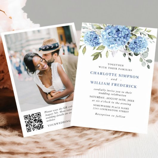 Invitation Elégant aquarelle bleu Hydrangea Mariage code QR