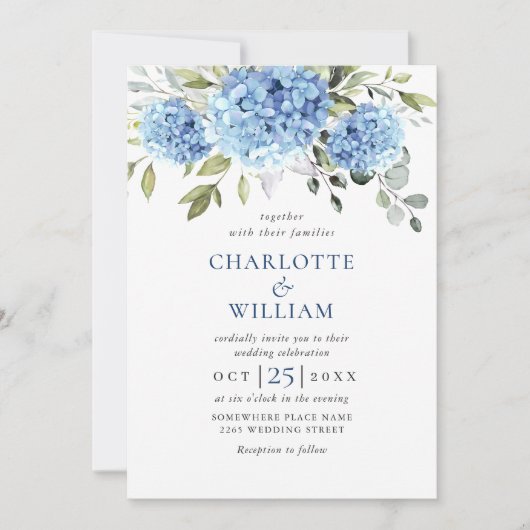 Invitation Elégant aquarelle bleu Hydrangea Mariage code QR (Devant)