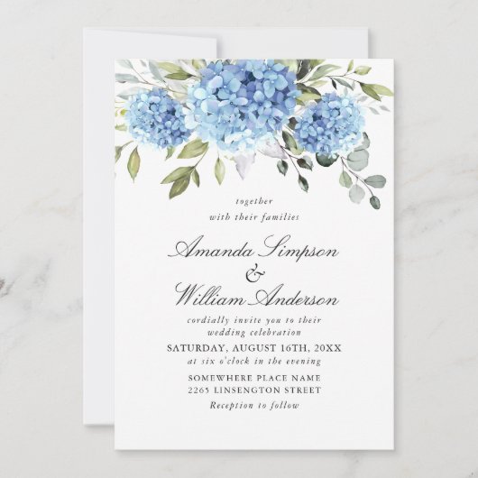 Invitation Elégant aquarelle bleu Hydrangea Mariage code QR (Devant)