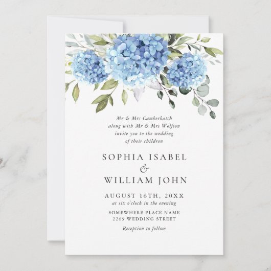Invitation Elégant aquarelle bleu Hydrangea Mariage photo (Devant)