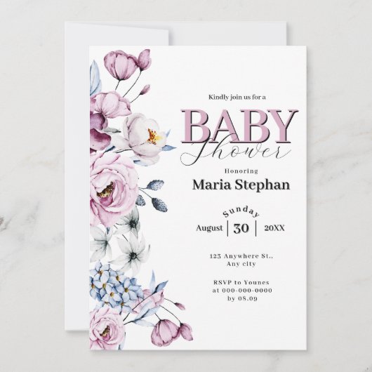 Invitation Elégant Aquarelle bleu rose Baby shower Floral (Devant)