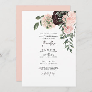 Invitation Elégant Aquarelle Blush & Vin Floral Mariage