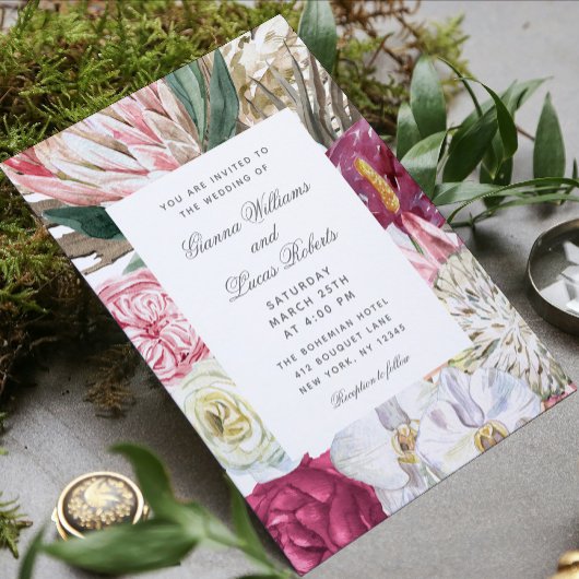 Invitation Elégant aquarelle Boho Floral Photo Mariage