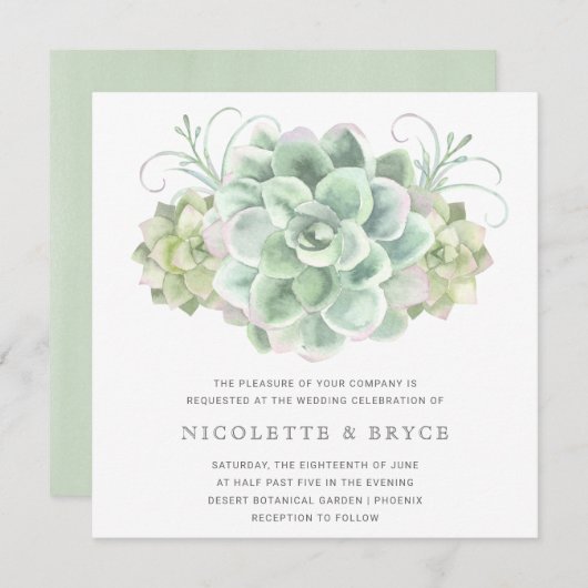Invitation Elégant Aquarelle Botanique Mariage Succulent (Devant / Derrière)