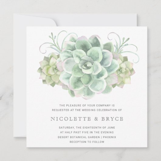 Invitation Elégant Aquarelle Botanique Mariage Succulent (Devant)