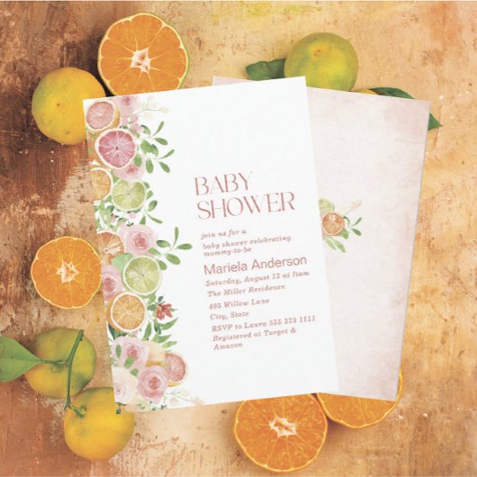 Invitation Elégant Aquarelle Citrus Fleurs roses Baby Show
