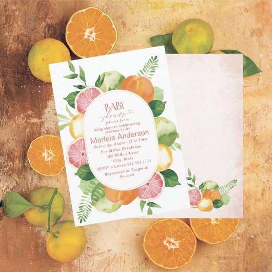 Invitation Elégant Aquarelle Citrus Fleurs roses Baby Show