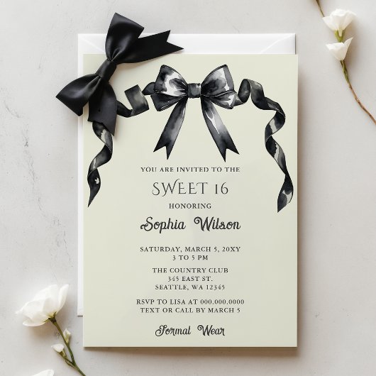 Invitation Elégant Aquarelle Coquette Black Bow Sweet 16