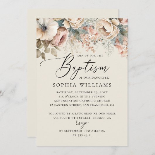 Invitation Elégant aquarelle douce boho floral script baptisé (Devant / Derrière)