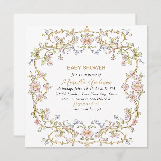Invitation Elégant aquarelle Fleurs Rétro Baby shower cadre (Devant / Derrière)